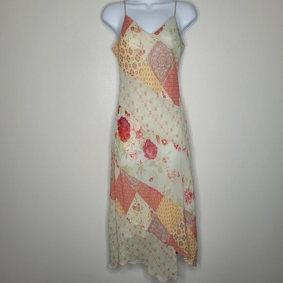 Vintage Express y2k silk patchwork boho cottage mixed print midi dress 7/8 FLAWS - Picture 1 of 7